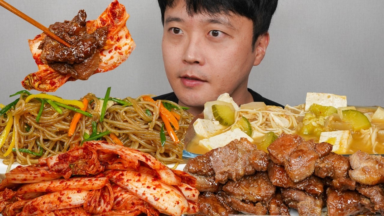 돼지갈비 생김치 잡채 사골된장찌개 먹방 Korean Food ASMR MUKBANG REAL SOUND EATING SHOW 