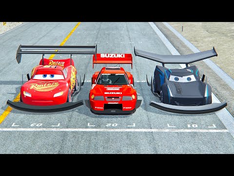 Lightning McQueen GTR vs Suzuki Escudo vs Jackson Storm GTR - Drag Race