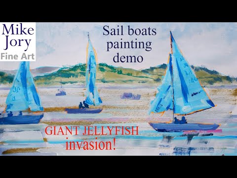 Thumbnail of sail boats with blue sails on the river painting tutorial