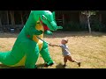 Dinosaur T Rex Attack Harvey Defends With Sword And Shield