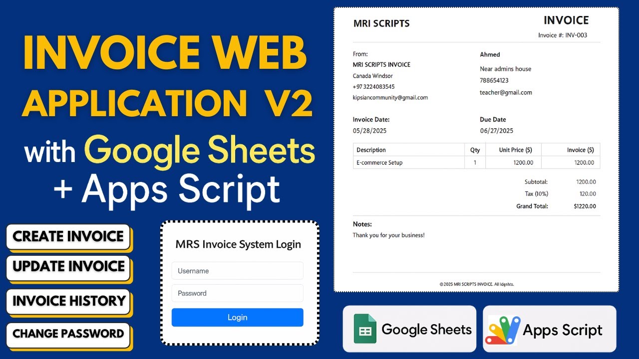 Invoice Generator Web App using Google Sheets | Dashboard, Login & Print PDF | D18