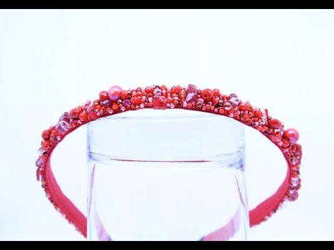 Обруч для волос красный с бисером и бусинами Пламя Обруч для прически тонкий Ручная работа - фото 1 - id-p1418683780