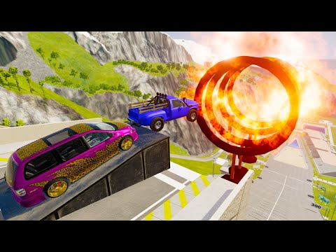 High Speed Jumps Through Rings Of Fire (Crazy Vehicle) - BeamNG drive Car Jumps Through Fire