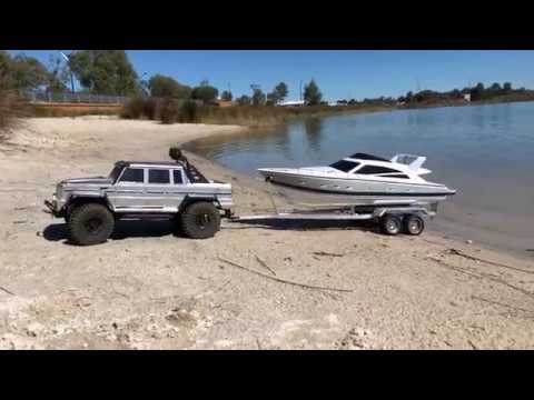 First test of my scratch built RC trailer on my Axial SCX10, to fit my Thunder Tiger Atlantic boat.
