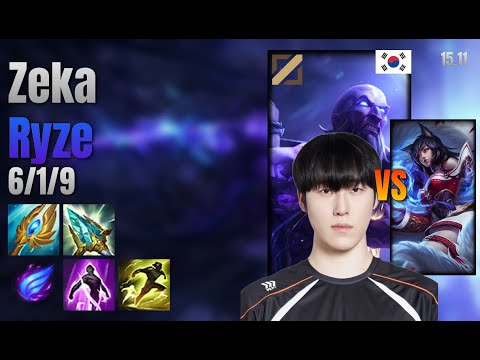 Zeka Mid Ryze vs Ahri lol KR solo rank Full Game 15.11 | 제카 라이즈 vs 아리
