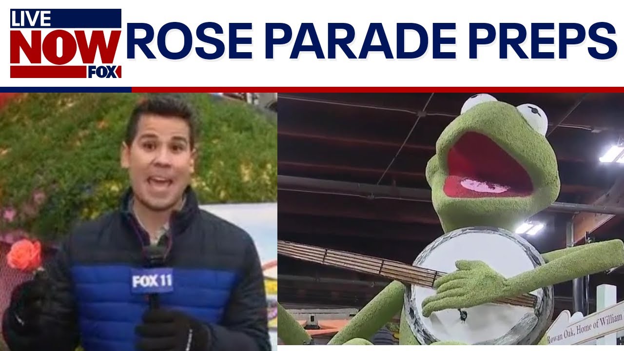 Volunteers decorate Rose Parade floats in Pasadena