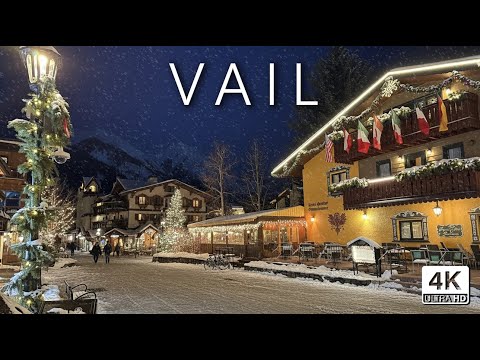 VAIL Colorado - Snowy Evening in Christmas Decorated Millionaires Town - 4K Walking Tour