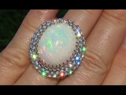 GIA Certified Welo Mined Natural Ethiopian Opal Diamond 18k White Gold Ring - C604