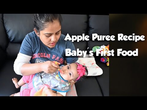 Cute Baby Girl  Eating Home made Apple Puree || 5 Month Old Baby's First Food