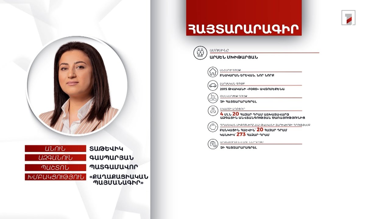 2 անշարժ գույք, 720 հազար դրամ. պատգամավոր Տաթևիկ Գասպարյանի հայտարարագիրը