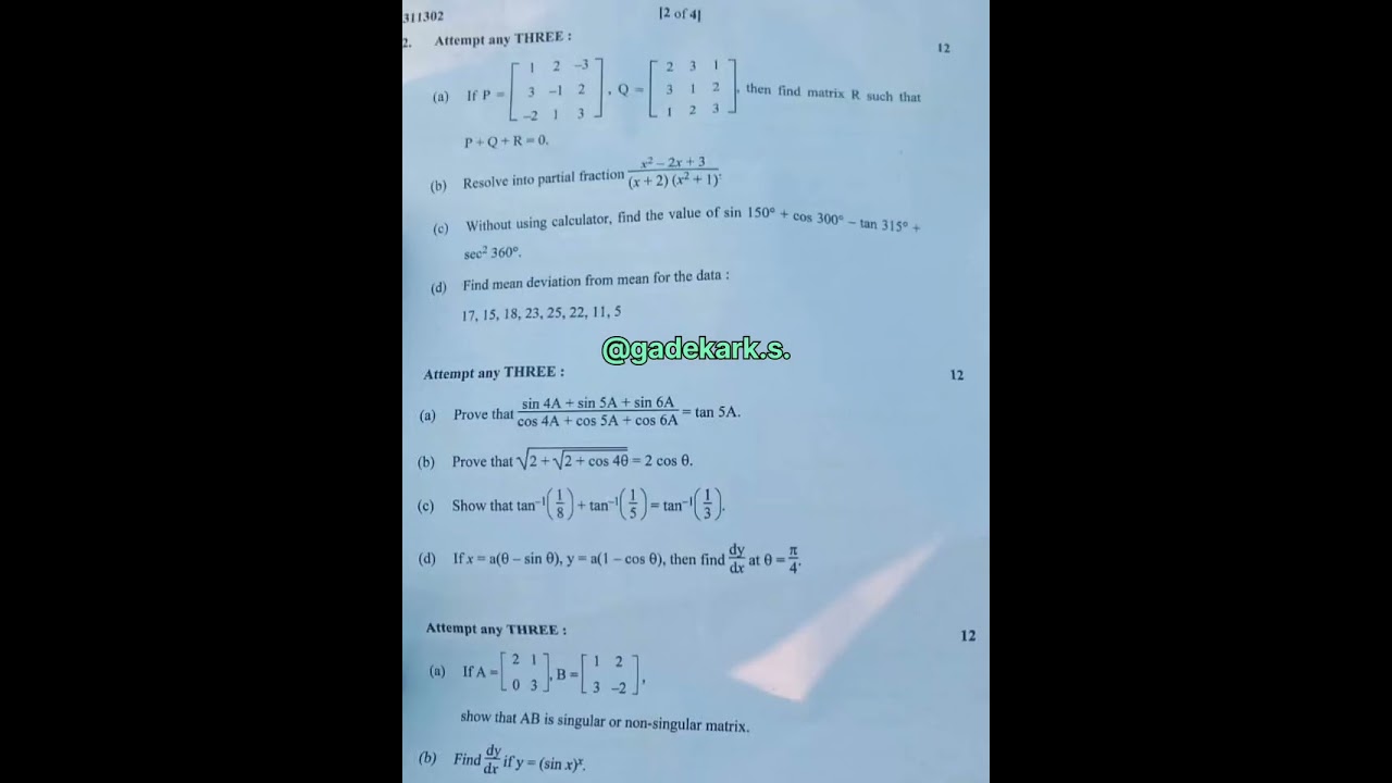 Diploma #maths (M1)(311302 )question paper 2023 2024 with Answer Poly M1 backlog Sem1 #msbte #exam