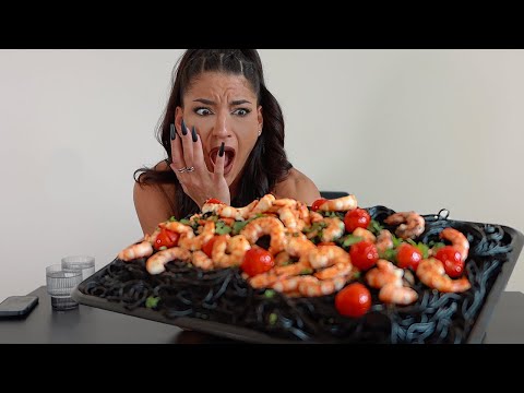 , title : 'INSANE 7lb SQUID INK SEAFOOD PASTA PLATTER STAINED MOUTH BLACK! | @Leah Shutkever'