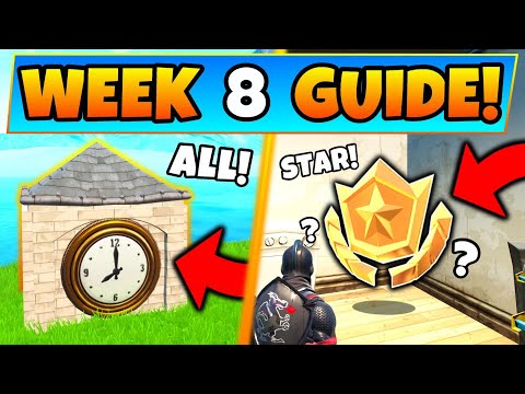Fortnite WEEK 8 CHALLENGES! - Clock Locations, Secret Star? (Battle Royale Season 9 Guide)