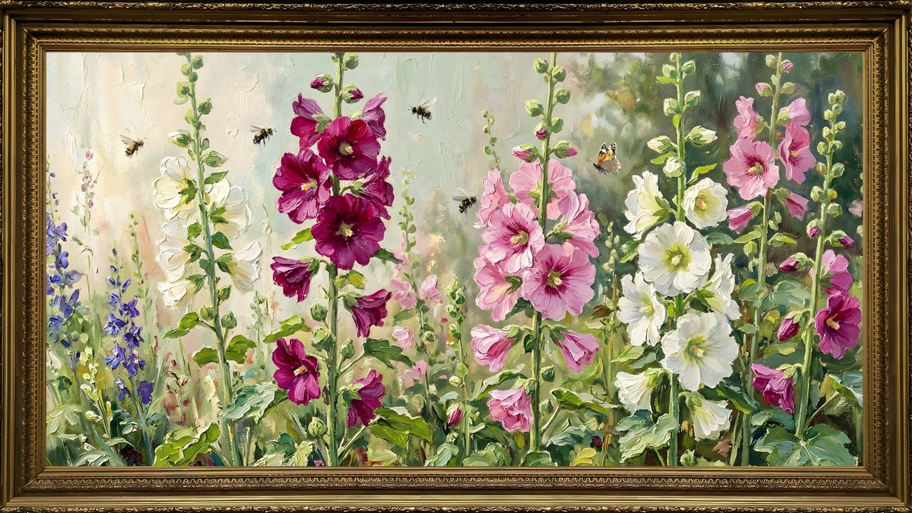 Hollyhock Flowers Cottage Garden Gold Frame TV Art | 2 Hours 4K — 4K ambient art screensaver in baroque gold frame