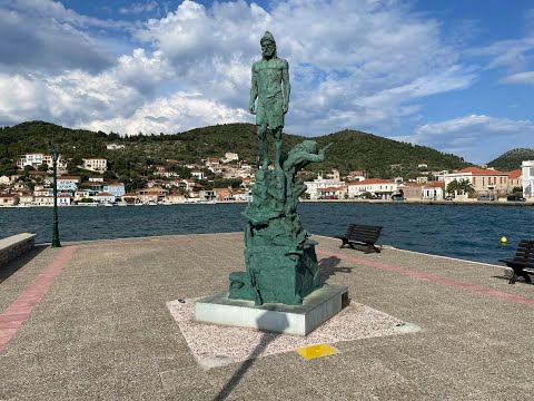 Vathy Harbour , Ithaca Island and Statue of Odysseus