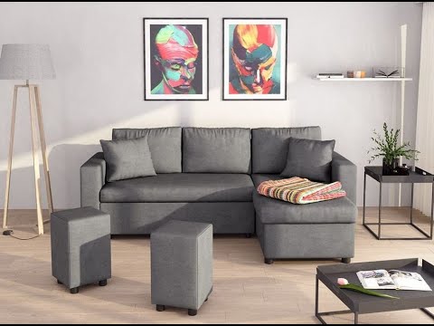 Canapé d'angle réversible convertible avec poufs tissu gris focné pétrole Cilia 225 cm