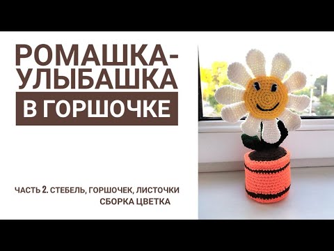 ЦВЕТОК В ГОРШКЕ КРЮЧКОМ/ РОМАШКА-УЛЫБАШКА В ГОРШОЧКЕ. Часть 2. Листочки, горшок, стебель. Сборка