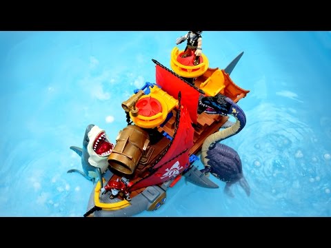 Great White Shark & Dinosaur Attack Pirate Ship - Sea Animals Story toy fun