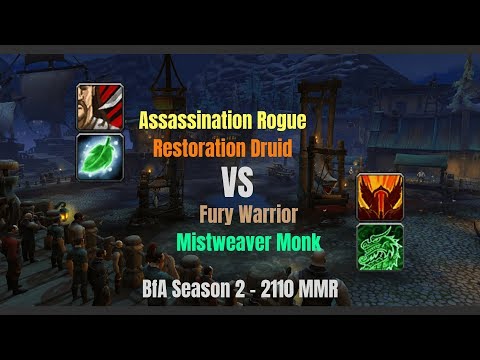 Assa Rogue Resto Druid vs Fury Warrior MW Monk - 2110 MMR - BfA Season 2
