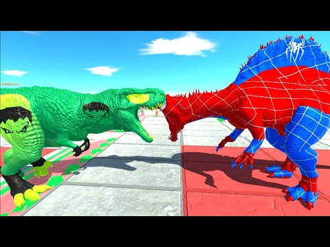 T-REX HULK vs SPIDERMAN SPINOSAURUS DEATHRUN - Animal Revolt Battle Simulator