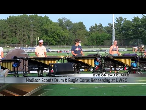 Madison Scouts Drum & Bugle Corps rehearsing at UWEC ahead of performance