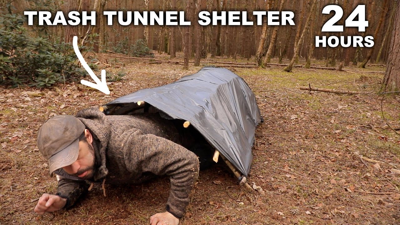 24 HOURS: Sleeping in a Trash Tunnel Stealth Shelter Norwegian Military MRE Solo Overnight