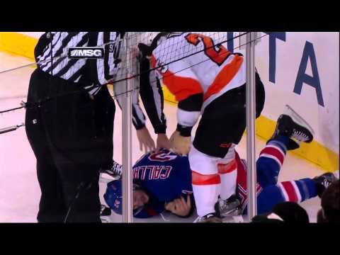Ryan Callahan injury in scrum with Talbot 29 Jan 2013 Philadelpia Flyers vs NY Rangers NHL Hockey