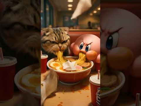 Ramen War Kirby vs the Hungry Cat! 🍜🐾 #FunnyAnimals #AnimeFood #KirbyShorts