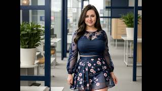 Download lagu [4K] BBW Plus Size Bethany: Navy Fitted Top with Sheer Floral Sleeves & Flared Skirt Set! 💙🌸✨ mp3