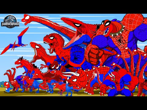ALL RED SPIDER-MAN DINOSAURS Battle in Jurassic World| SuperHero Dinosaurs Pro Miles Morales Costume