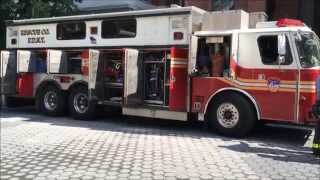 RARE LOOK INSIDE COMPARTMENTS OF FDNY RESCUE 2, (A SPARE), DURING A FIRE PREVENTION WEEK EVENT.
