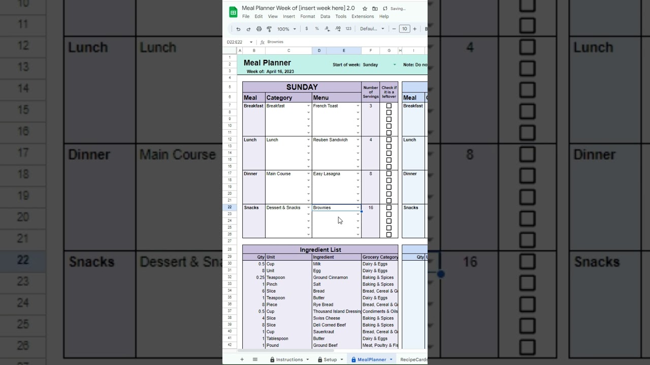 Meal Planner Spreadsheet for Google Sheets and Microsoft Excel #spreadsheets #googlesheets #shorts