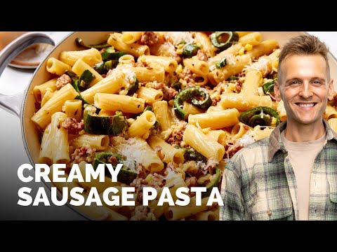 Creamy Sausage Pasta with Sweet Corn & Poblano Peppers | A great dish for early fall!