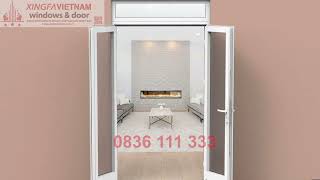 Cửa đi mở quay 2 cánh nhôm Xingfa Quảng Đông tem đỏ màu trắng ngà bản lề 4D