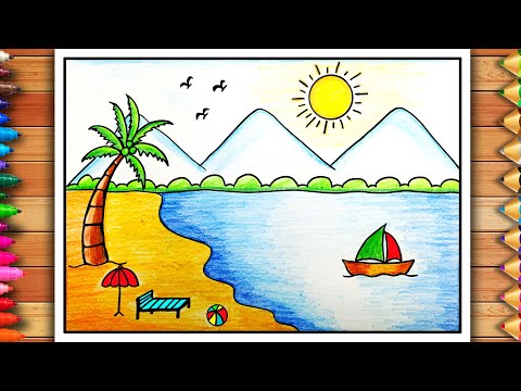 Easy Summer Season Drawing | Summer Scenery Easy | Summer Season Drawing Very Easy | Beach Scenery
