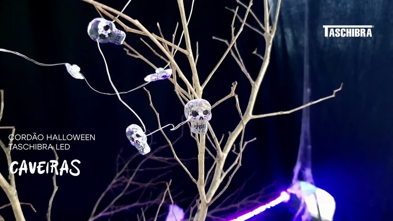 CORDÃO HALLOWEEN TASCHIBRA LED 10 CAVEIRAS BRANCAS 2XAA .