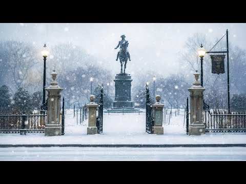 Snowfall in Boston, Massachusetts | 4K Walk with Binaural Audio (Public Garden + Historic Streets)