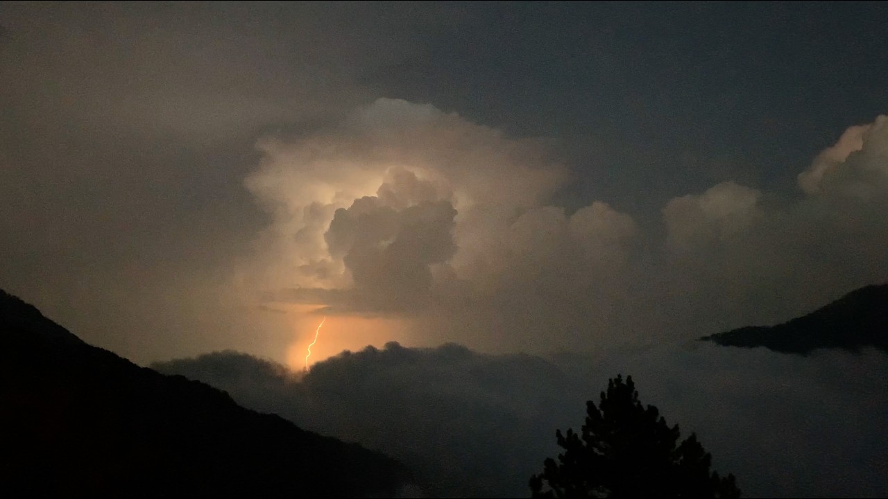 Thunderstorm over the Aegean sea from Refuge A balcony on Mount Olympus.