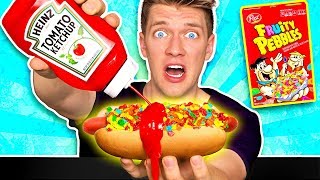 WEIRD Food Combinations People LOVE!! *HOT DOG & FRUITY PEBBLES* Eating Funky Gross DIY Candy Foods