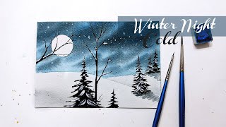 Easy watercolor frosty winter landscape » How to paint a night sky for beginners step by step