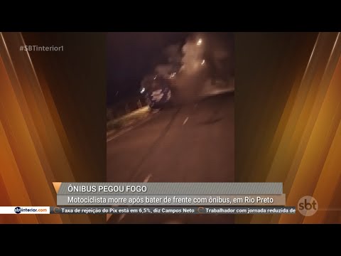 Motociclista morre após bater de frente com ônibus, em Rio Preto; ônibus pegou fogo