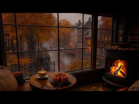 Autumn Rain Through the Window🍂 🔥 Fireplace & Comforting Café Atmosphere for Relax🕯️☕