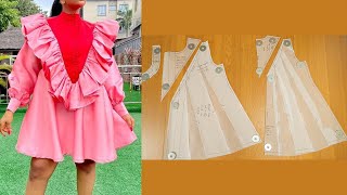 How to Draft Shirt Dress With V-Shape Neck Ruffle Pattern Tutorial