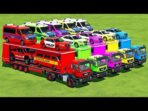 TRANSPORTING POLICE MERCEDES, FORD RAPTOR, CHEVROLET & MINI BUSES WITH MAN TRUCKS! Farming Simulator