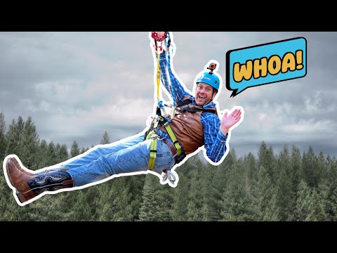 Man ziplining over a forest, wearing a blue helmet, brown vest and safety harness, with a 'WHOA!' cartoon bubble beside him.