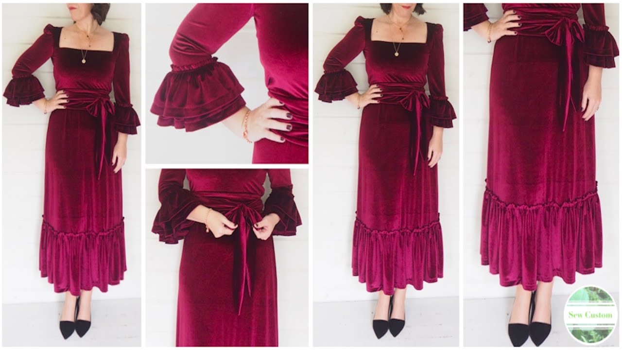 Watch video How I Sewed my Velvet Maxi Dress with Square Neck, Puff Sleeve, Ruffles & Obi Style Belt Now How I Sewed my Velvet Maxi Dress with Square Neck, Puff Sleeve, Ruffles & Obi Style Belt