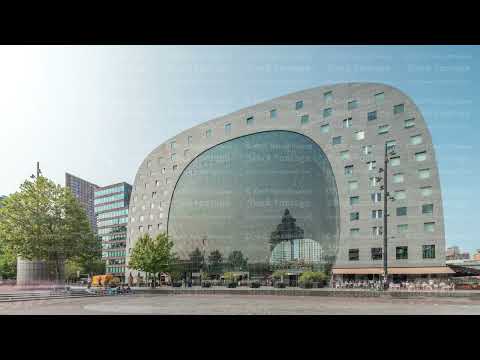 Hyperlapse of the Rotterdamse Markthal's exterior with shops and restaurants. Netherlands