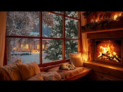 Cozy Cabin in the Winter Forest - Snow Breeze, Hearth Glow & Smooth Jazz for Meditation, Calm Mind