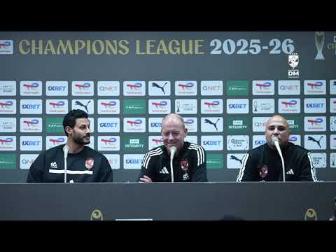 Al Ahly coach Thorup and captain El Shenawy at FAR Rabat press conference
