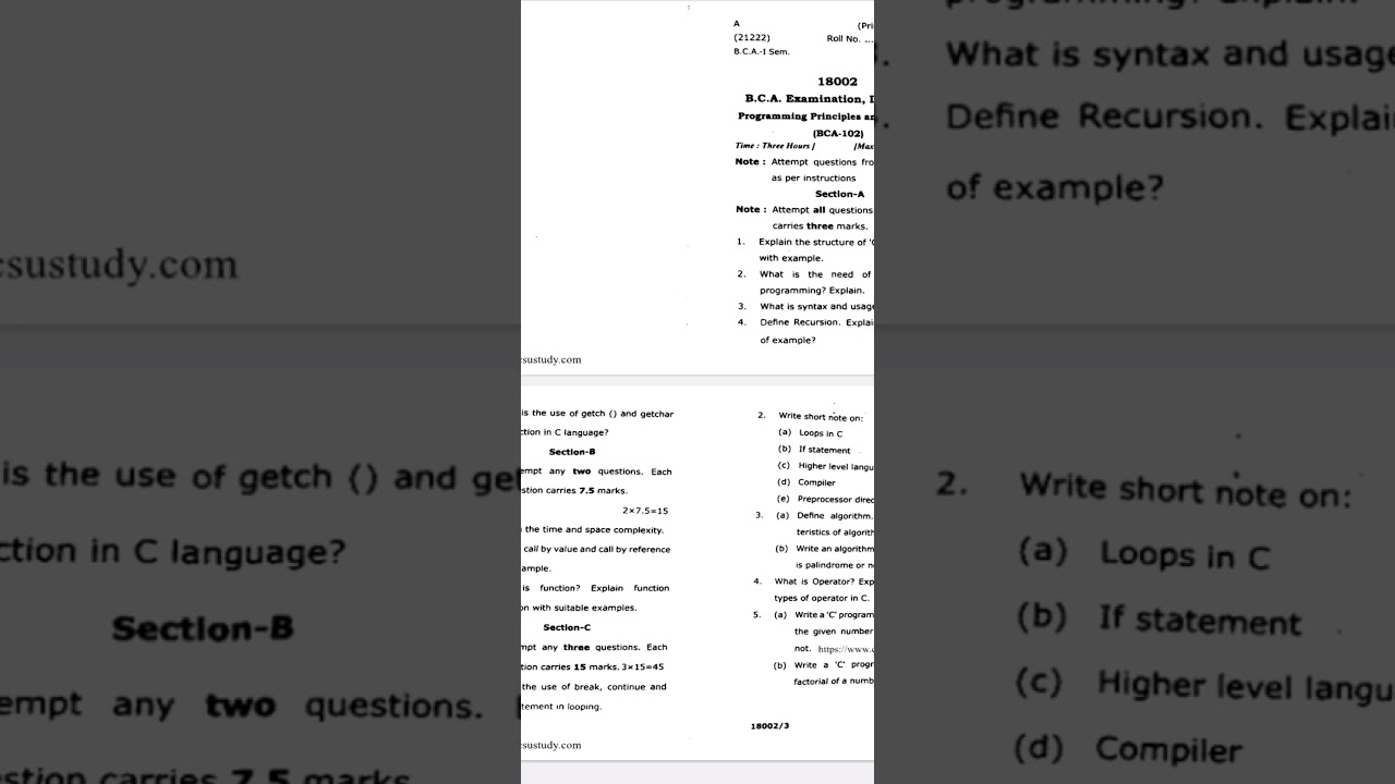BCA C programming question paper